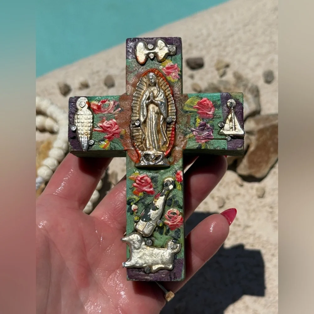 Milagros Silver Metal Charm Spanish Folk Art Painted Wood Cross-Turquoise Blue